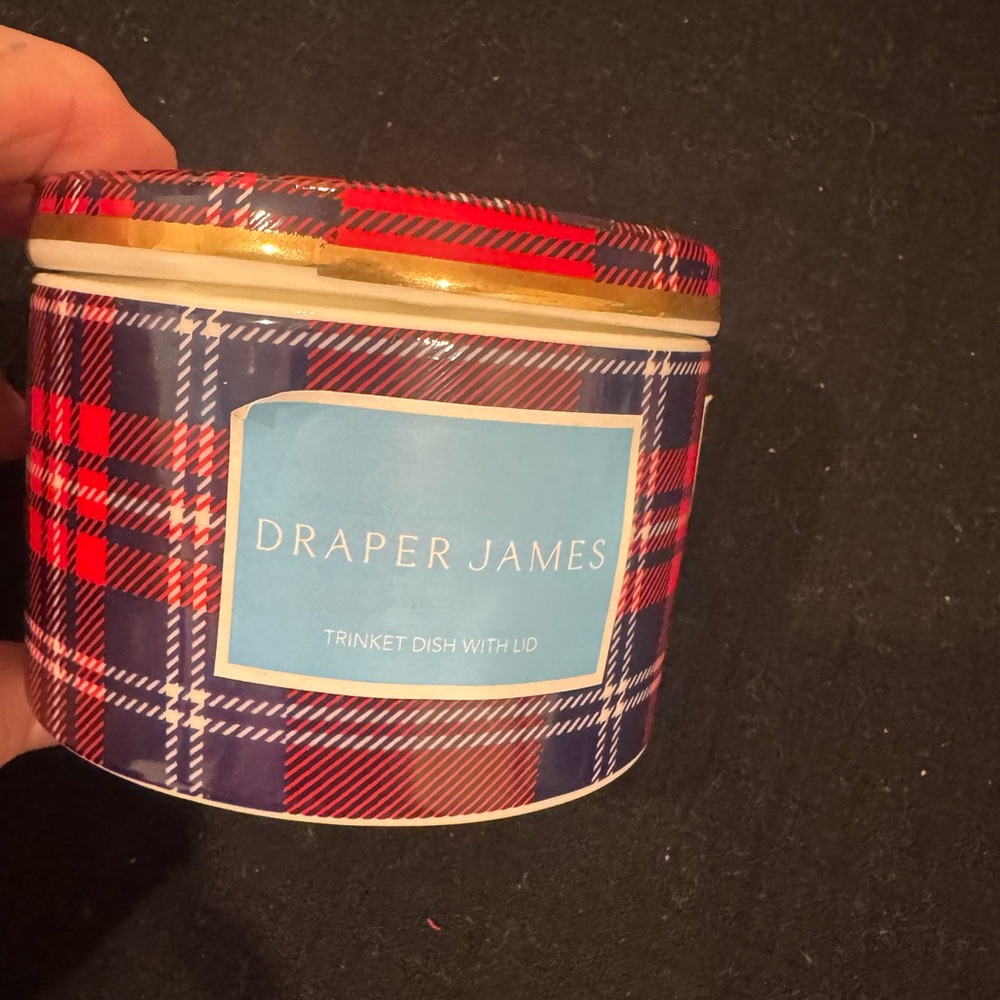 Draper James Red & Blue Plaid/gold trim trinket Dish with Lid-pretty& practical